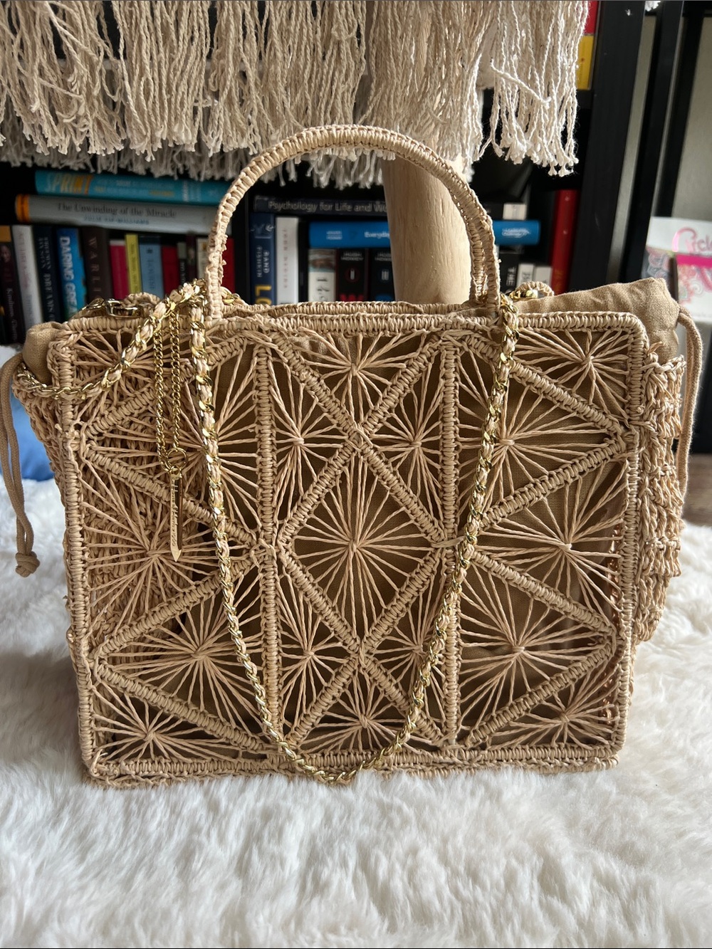 House of Harlow 1960 hand-woven raffia bag with goal chain